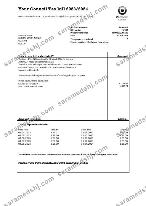 United Kingdom Oldham council tax business utility bill template in Word and PDF formats